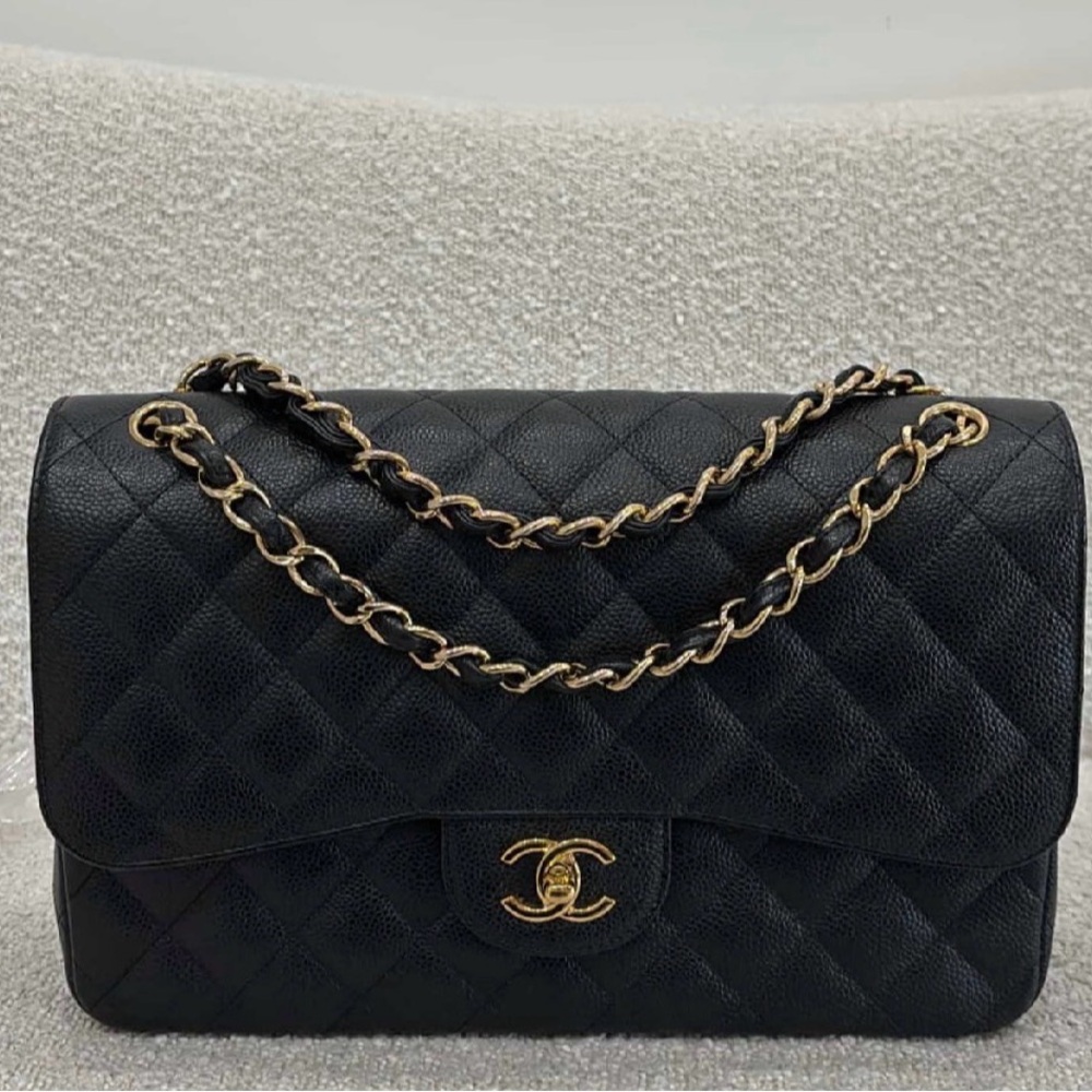 CHANEL Black Quilted Caviar Leather Double Flap Shoulder Bag with Gold Hardware - Picture 2 of 14